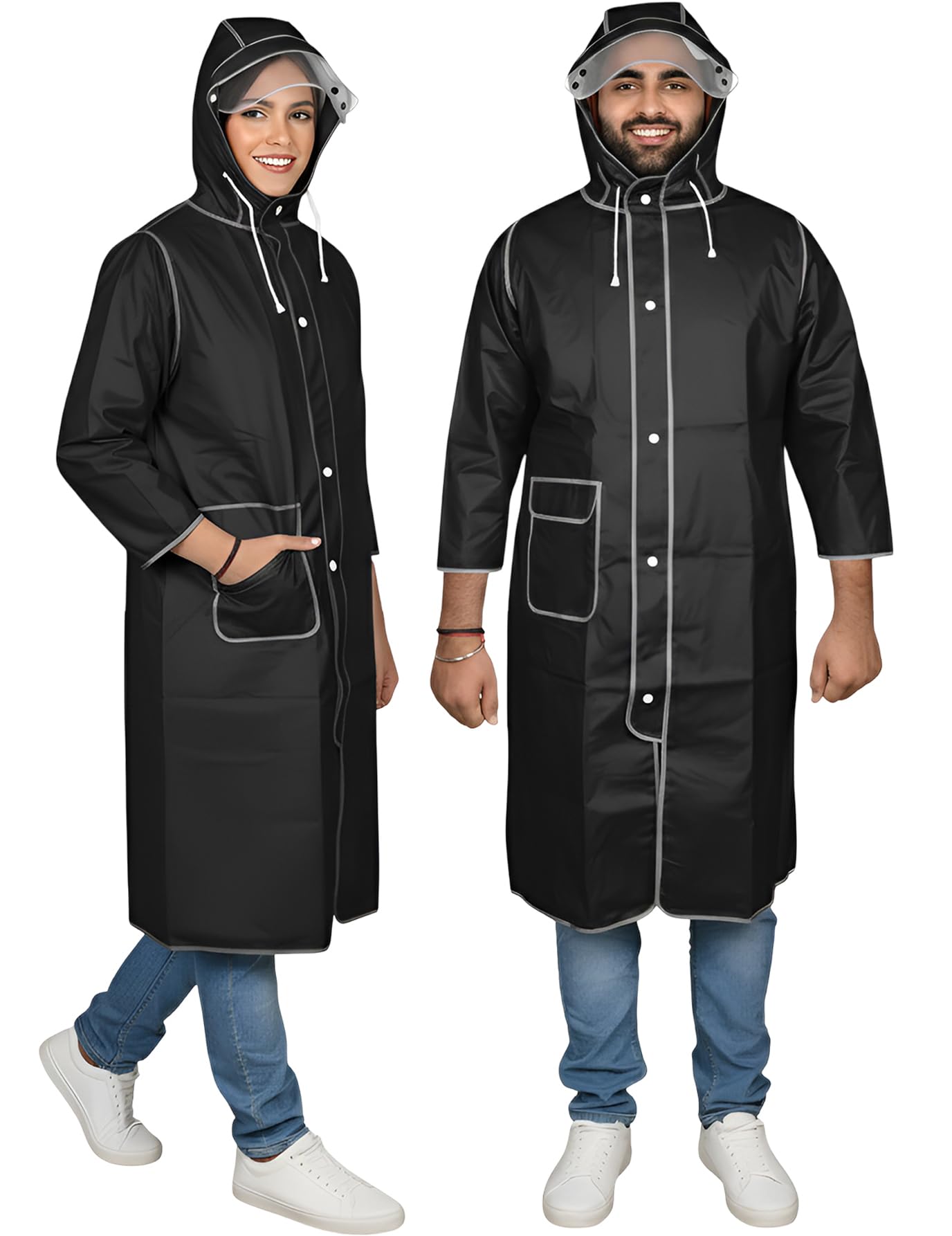 Hacer Unisex Rain Coat 370GSM with Universal Hooded Full Sleeves Water Resistant Lightweight Outdoor Bike Raincoat for Men & Women Camping Hiking and Travelling (XL, Black)