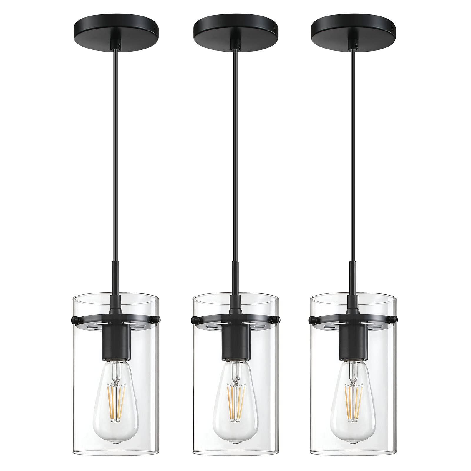 Doraimy Lighting Adjustable Length 3-Pack 1 Light Indoor Mini Hanging Kitchen Island Pendant Lamps,Black Finish with Clear Glass Chandelier Shade for Bar, Dining Room