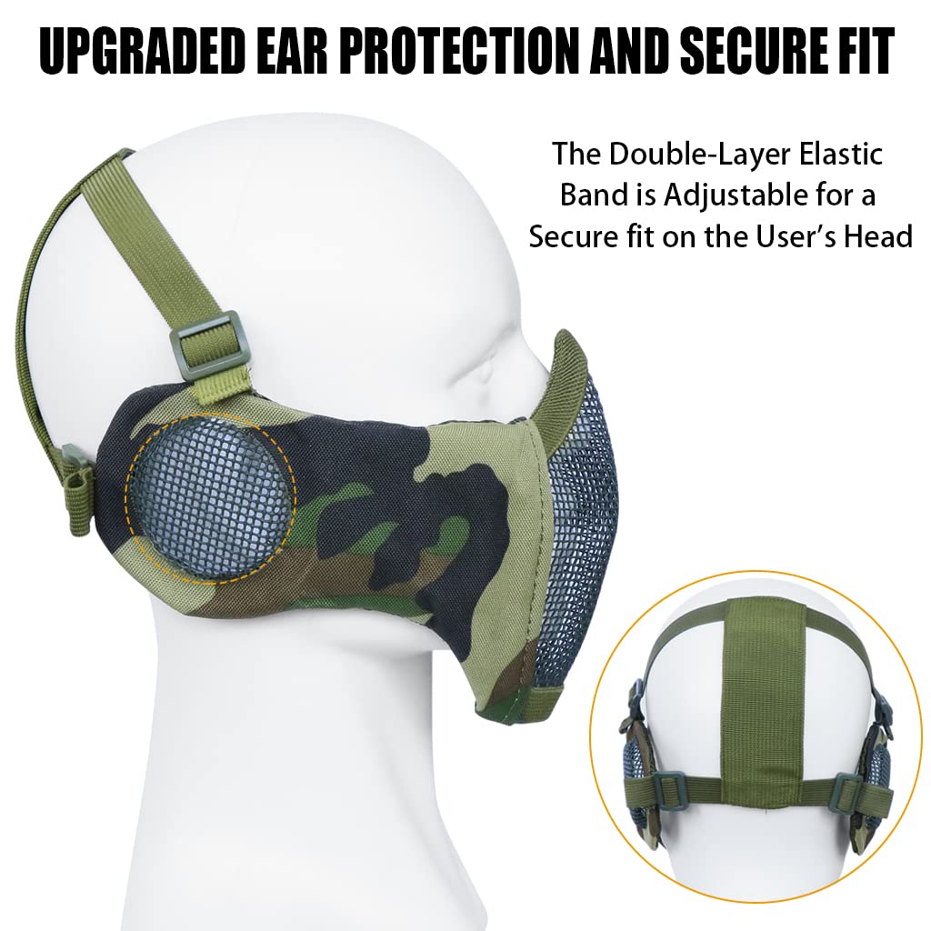 Juego de 3 máscaras tácticas de Airsoft para béisbol,máscara de Malla de Media Cara Ajustable con protección para los oídos,Gafas Anti UV,Gafas de Airsoft para Aire Libre