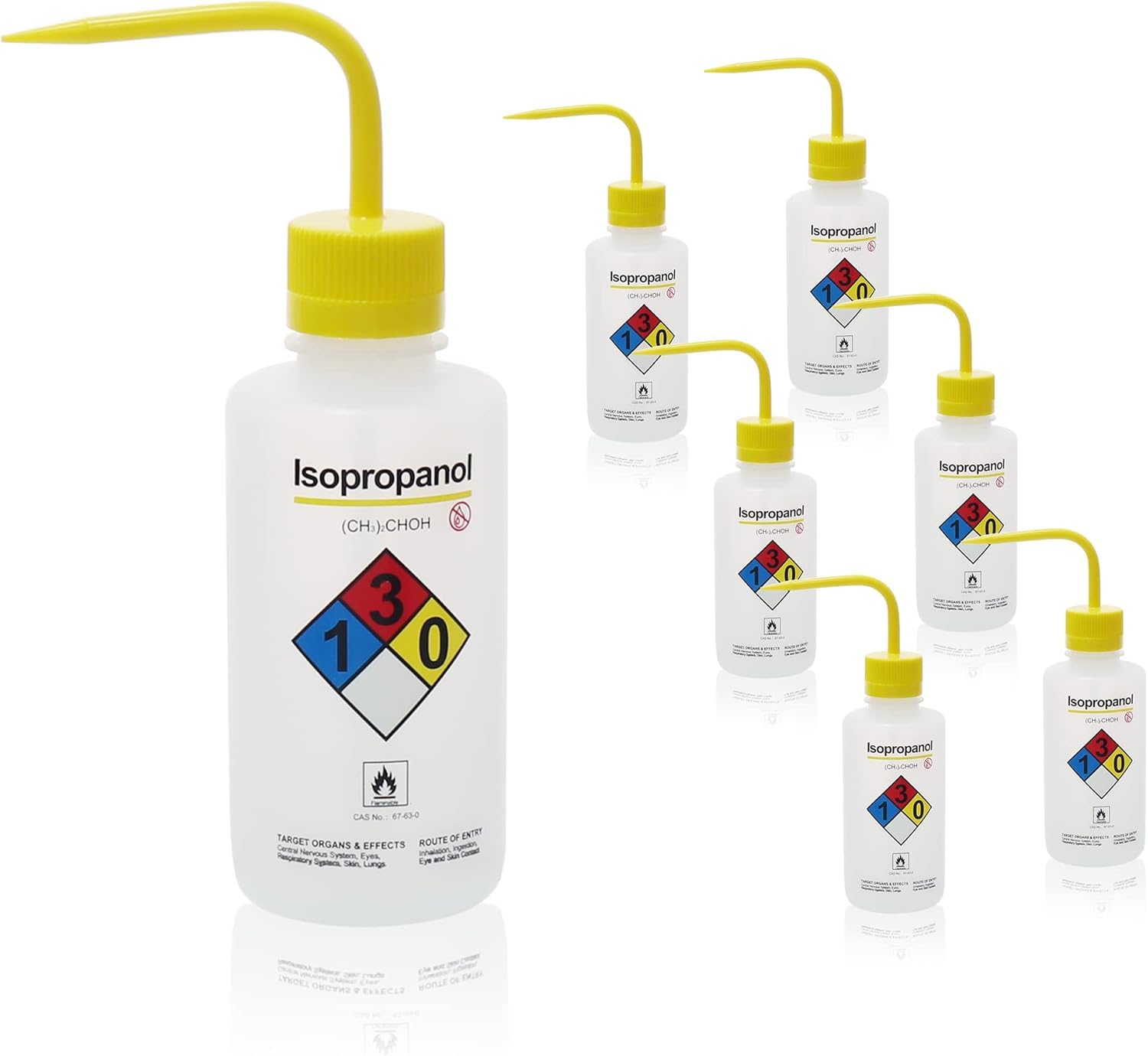 6 bottiglie di isopropanolo da 500 ml, a bocca stretta, con spruzzatore autoventilato in LDPE WBI500A6, giallo