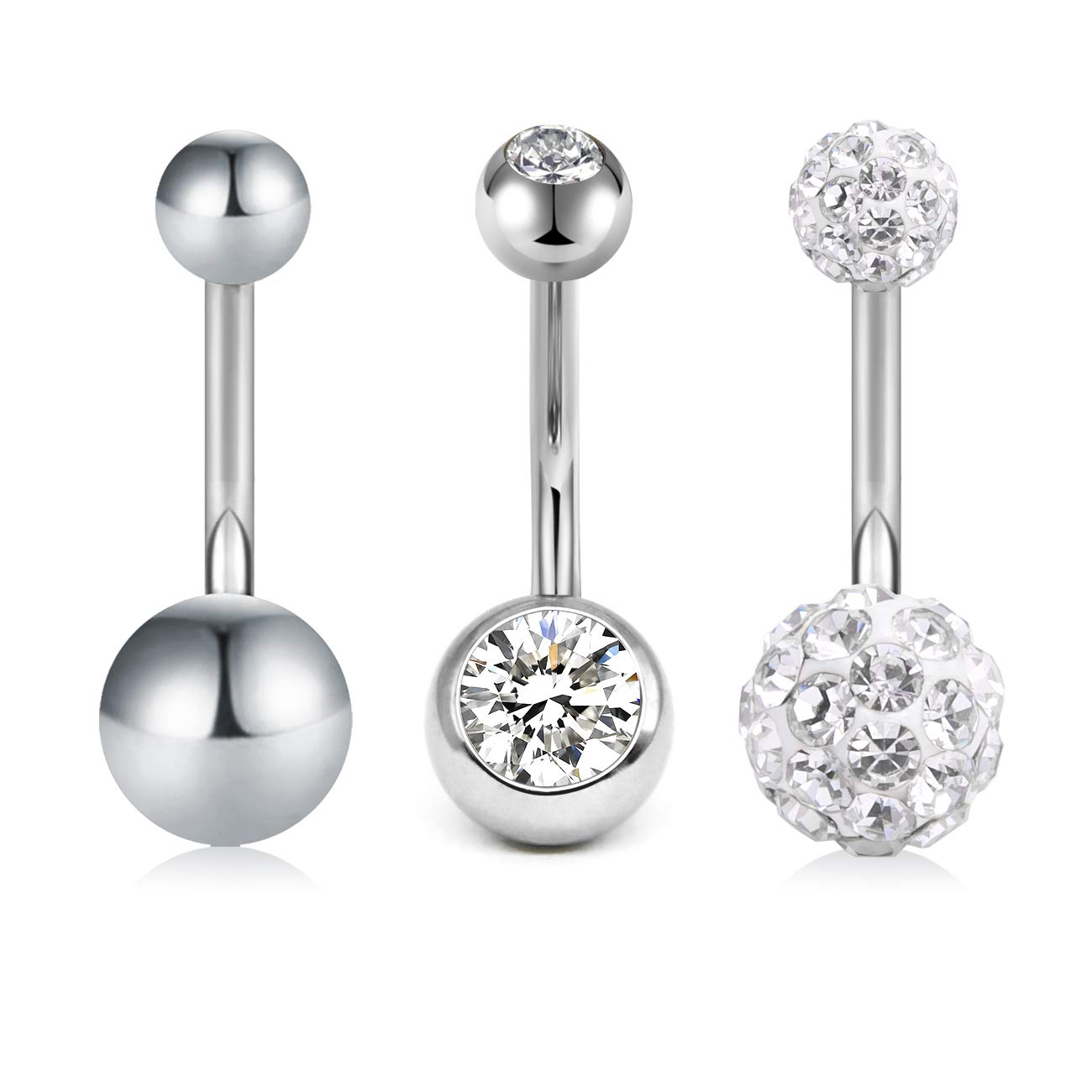 VFUN 3 Piezas 14G 6-10mm CZ Acero Inoxidable Corte Piercing Ombligo Anillo Piercing Curvados Banana Barretta Piercing Mujer Hombre - Plata