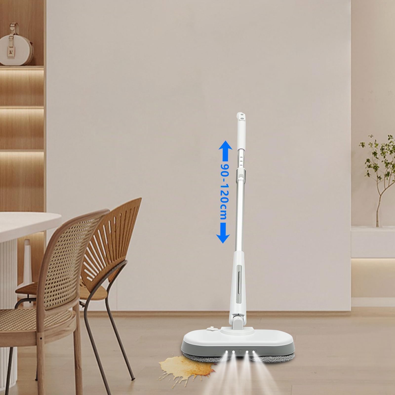 Mocio elettrico senza fili, doppio mocio rotante con 4 panni per la pulizia, serbatoio dell'acqua da 350 ml, misurino, capacità della batteria da 2000 mAh e LED, lunghezza regolabile e angolo, diverse