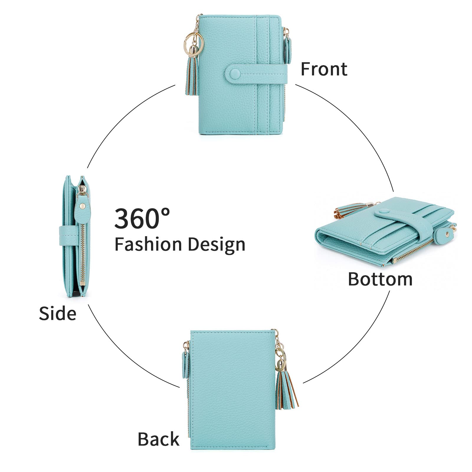 HKCLUF Portafoglio Piccolo da Donna, Porta Carte Blocco RFID Portamonete Pelle con Nappa Portafogli Cerniera Molti Scomparti(B05-Verde chiaro)