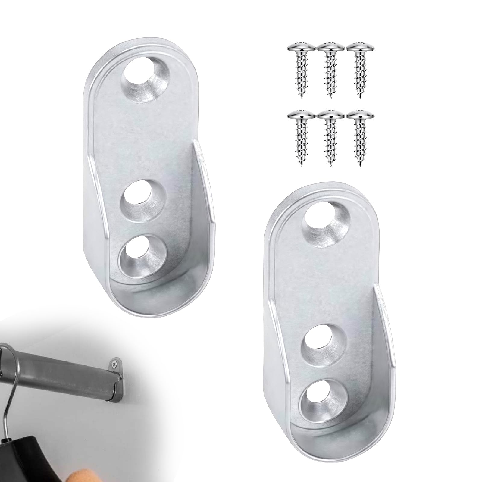 2PCS Oval Wardrobe Rail Bracket - 15mm Wardrobe Pole Brackets - Nickel Plated Silver Wardrobe Pole Brackets with Screws - Metal End Supports for Hanging Clothes and Closet Rods