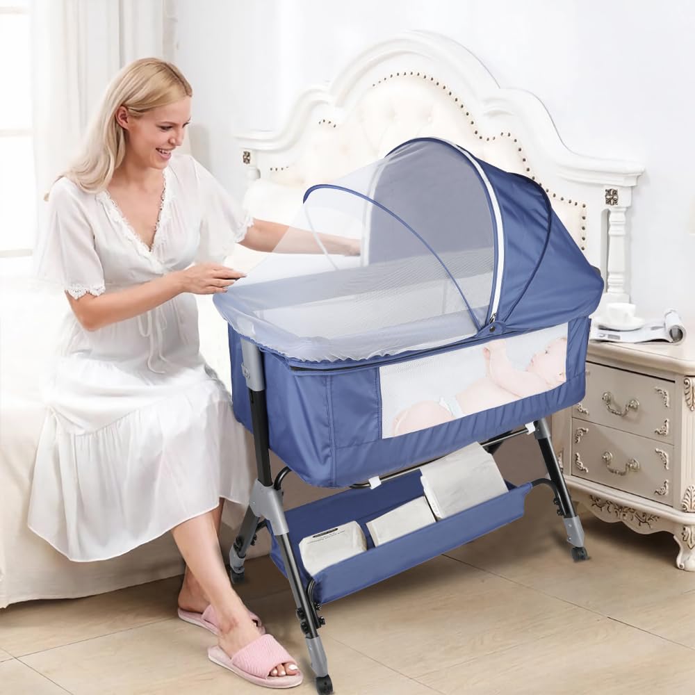 OHMG Bed multifunción 3 en 1,Cuna colecho y Parque,para niños de hasta 15 kg,con Ajuste de Altura de 5 Posiciones,con colchón,Correas de sujeción y Ruedas (Azul Tibetano (104x52x103-115cm))