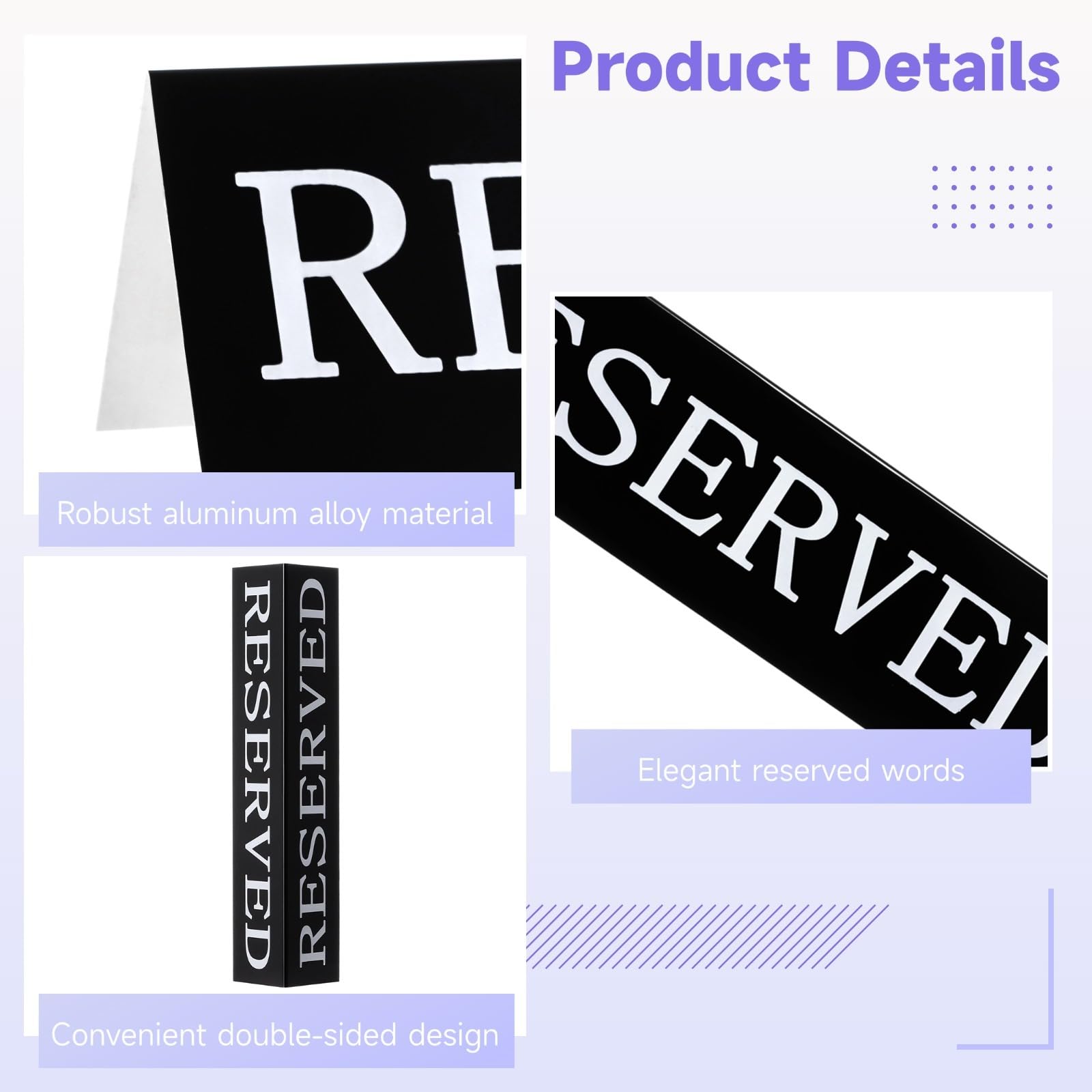 24 letreros de mesa reservados de metal, soportes de tienda de campaña de doble cara, letreros de escritorio reservados para bodas, fiestas, ceremonias, eventos, aleación de aluminio negro, 5.9 x 1.6