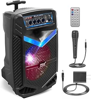 Pyle 400W Rechargeable Outdoor Bluetooth Speaker Portable PA System w/ 8” Subwoofer 1” Tweeter, Recording Function, Mic In, Party Lights USB/SD, Radio - Pyle PPHP842B, BLACK