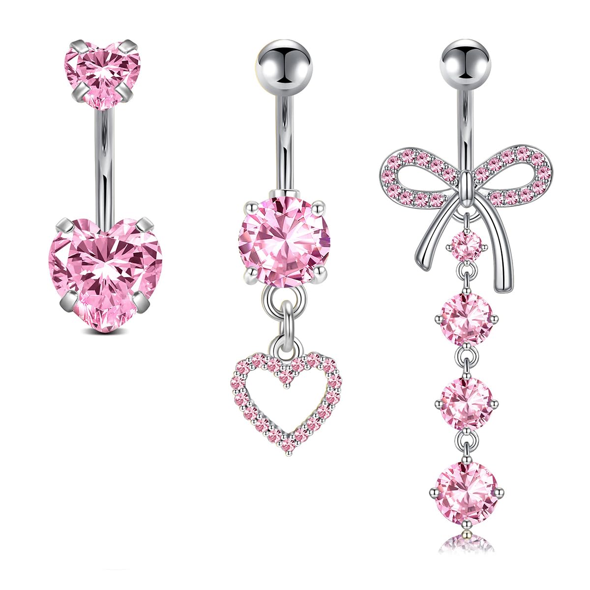 LAURITAMI 14G Dangle Belly Button Rings - Surgical Steel Silver and Rose Gold CZ Piercing Jewelry for Women