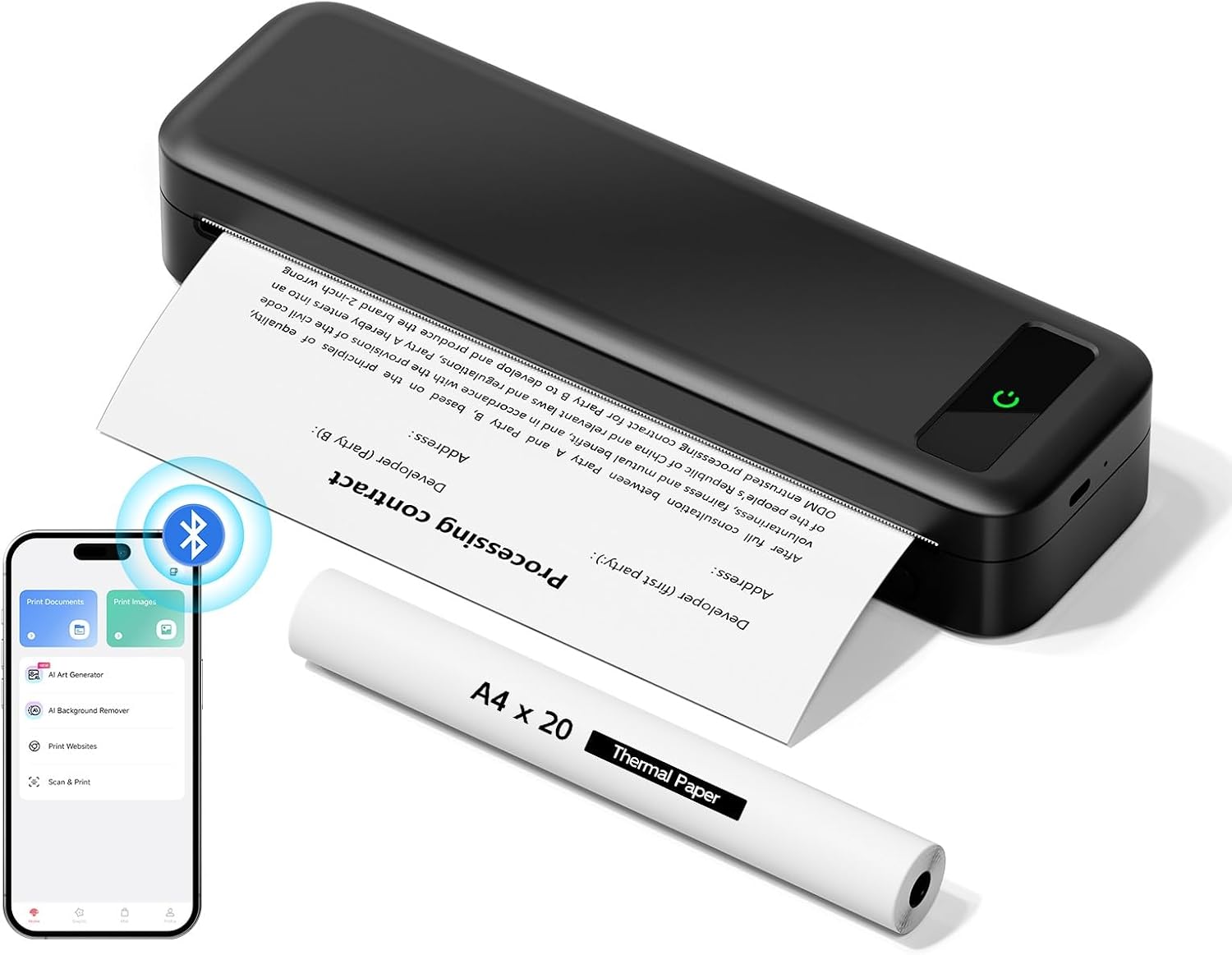 Portable Thermal Printer A4 Inkless Wireless Bluetooth Compatible with iOS, Android, Small Mobile Receipt Printer for Home Use, Office & School, 160 Sheets at Full Charge, With 1 Thermal Roll - Black