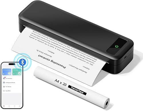 Portable Thermal Printer A4 Inkless Wireless Bluetooth 300 Dpi Compatible with iOS, Android & Laptop, 2500 mAh Small Mobile Receipt Printer for Home Use, Office & School, With 1 Thermal Roll - Black