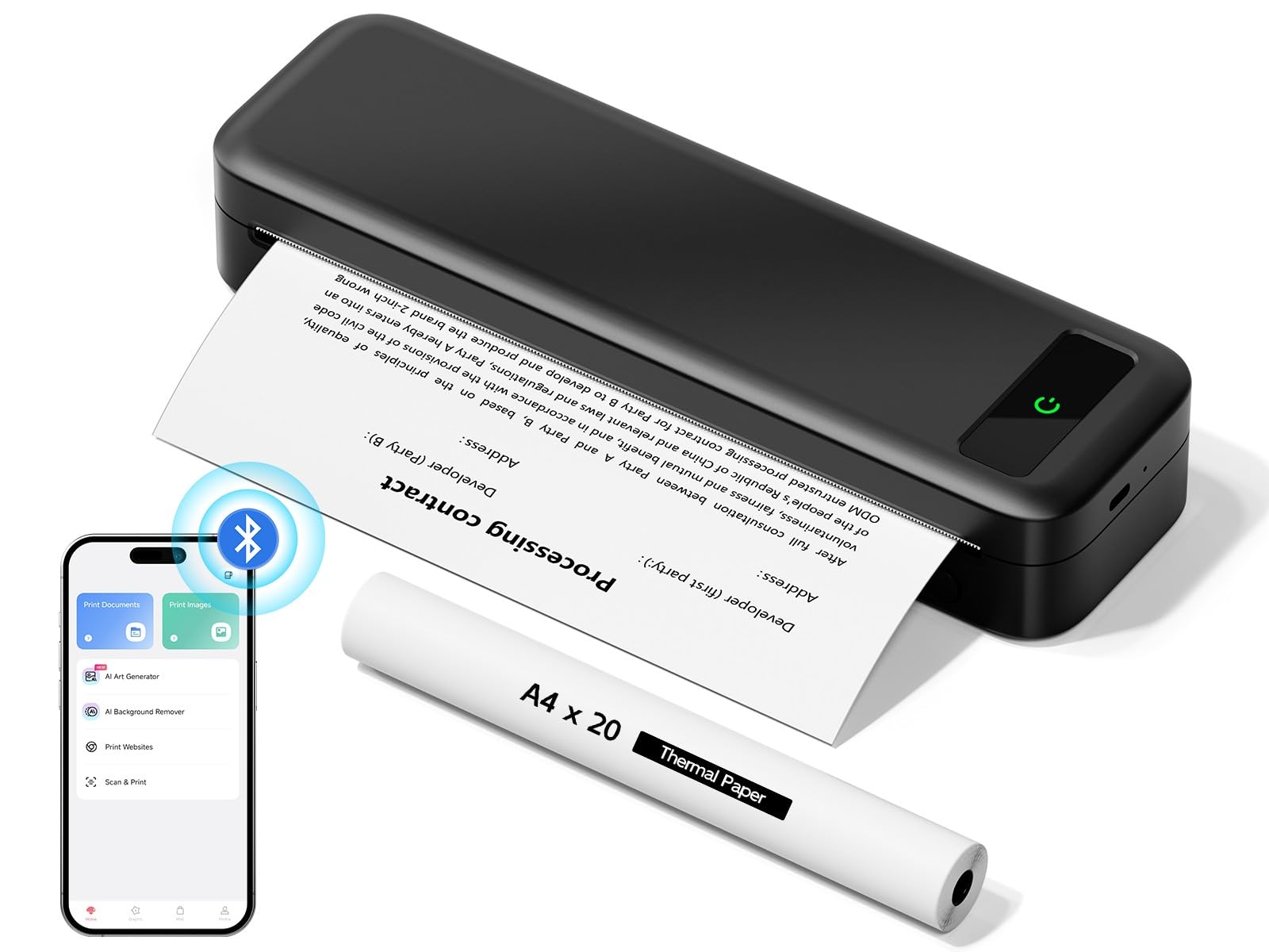 Portable Thermal Printer A4 Inkless Wireless Bluetooth 300 Dpi Compatible with iOS, Android & Laptop, 2500 mAh Small Mobile Receipt Printer for Home Use, Office & School, With 1 Thermal Roll - Black