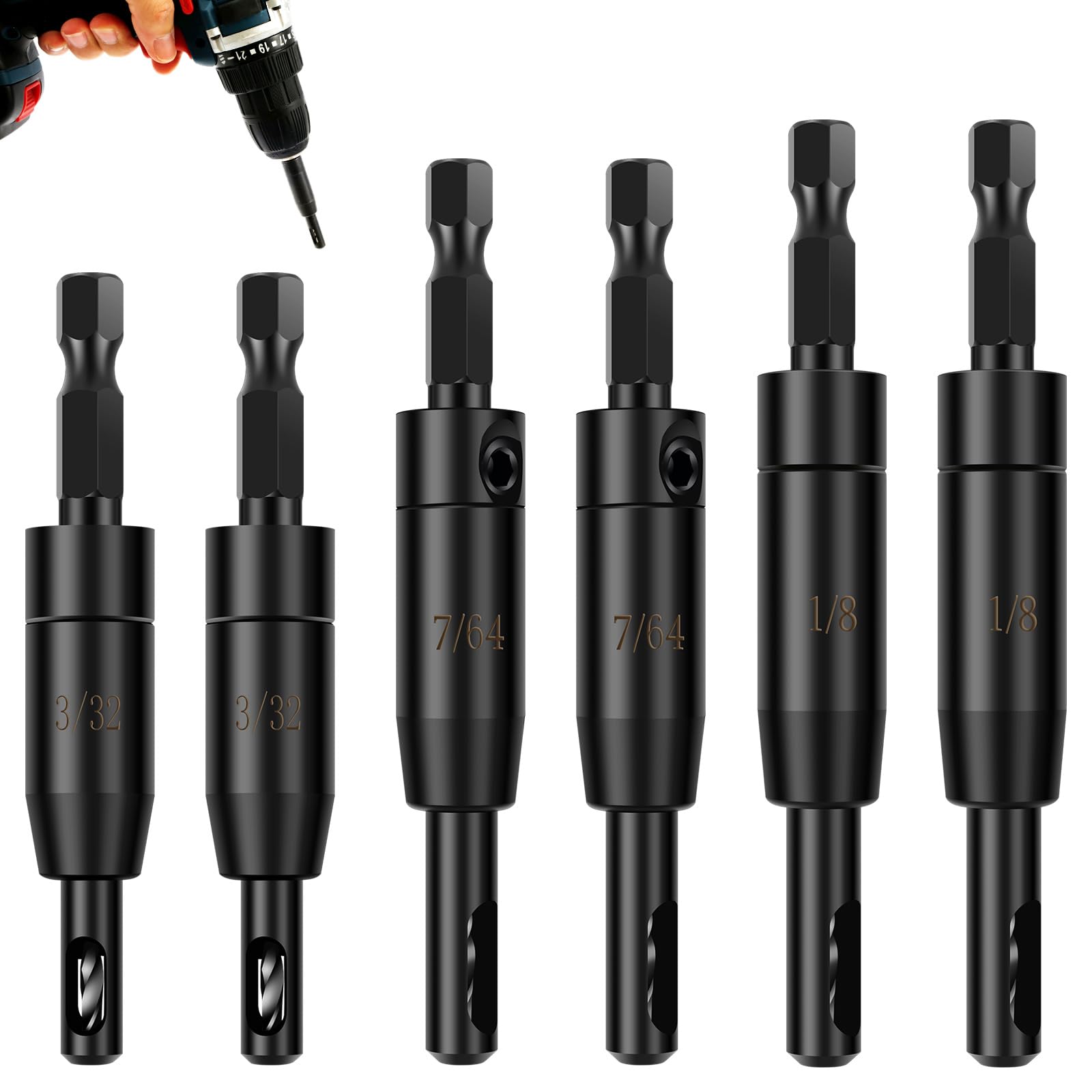 6-teiliges selbstzentrierendes Bohrer-Set, 3/32 Zoll, 7/64 Zoll, 1/8 Zoll – Zentrierbohrer-Set VIX Bit für 1/4-Zoll-Sechskantschaftbohrer, Mehrzweck-Scharnierbohrer-Set für Holzbearbeitung, Fenster