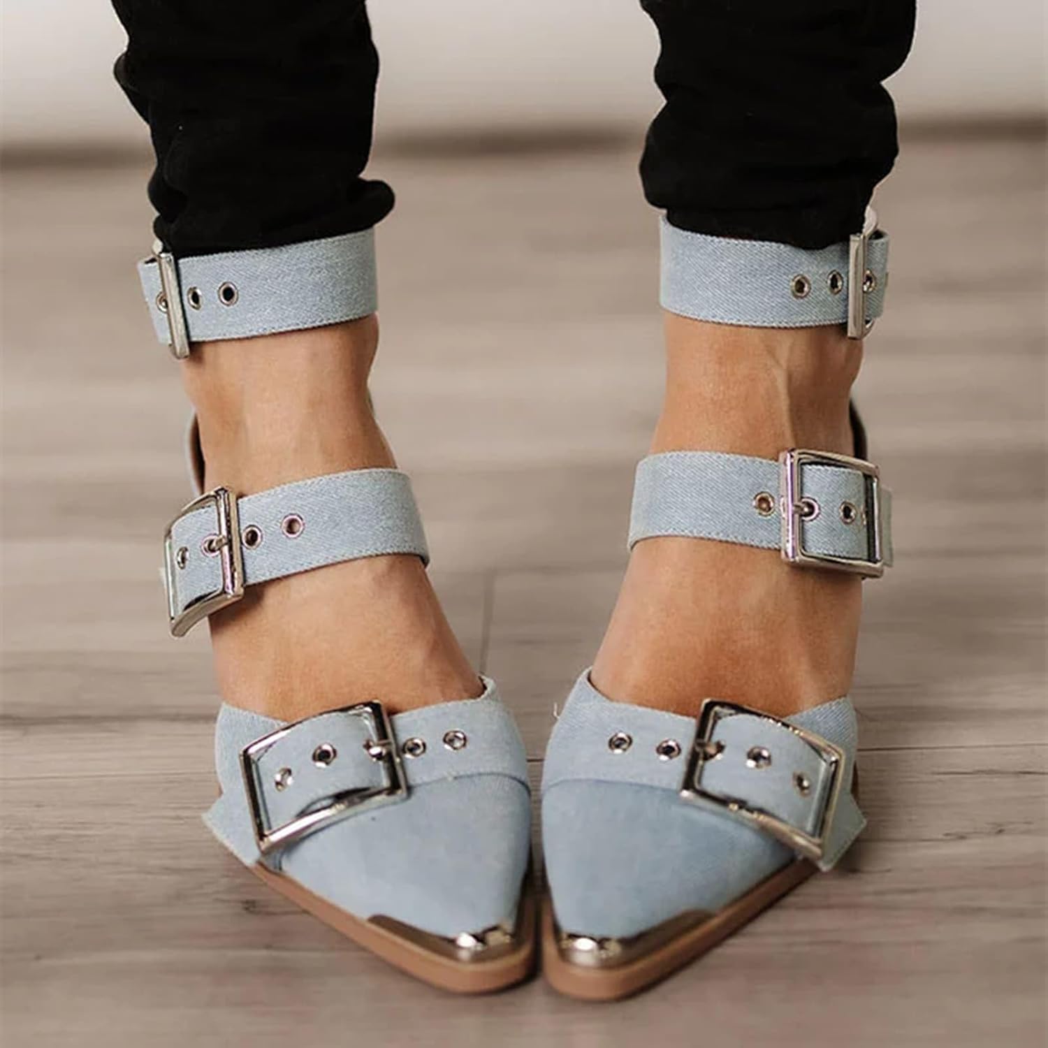 Women's Pointed Toe Pumps Chunky Wedge Heels Ankle Strap Western Sandals Metal Buckle Comfortable Fashion Casual Dress Shoes