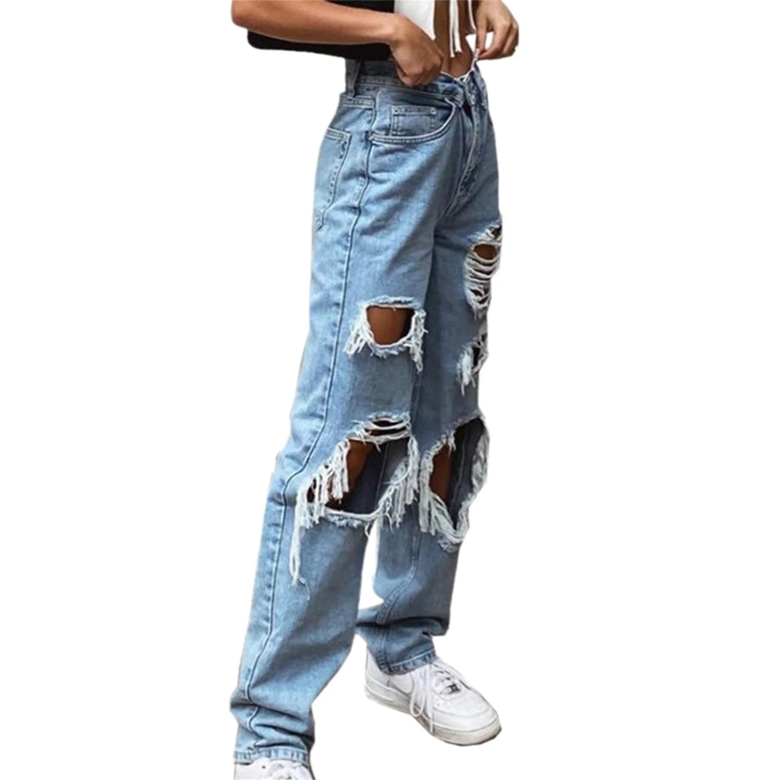 WFEI Pantaloni Casual da Donna Sexy Jeans Pantaloni Casual Big Fori Pantaloni Lunghi Donne Jeans strappato Pantaloni in Denim sfilacciati