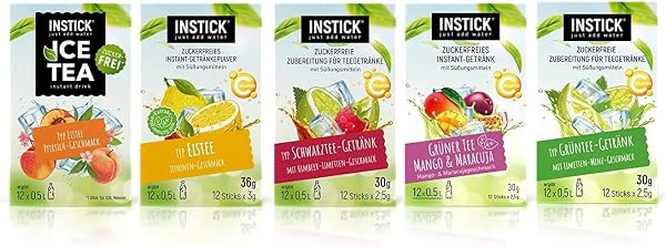 INSTICK bevanda istantanea senza zucchero | Pacchetto 5 – 5x confezione da 12 per 12x0,5 L ciascuno | diversi tipi di tè freddo | vegana, a basso contenuto calorico, con vitamina C - 1