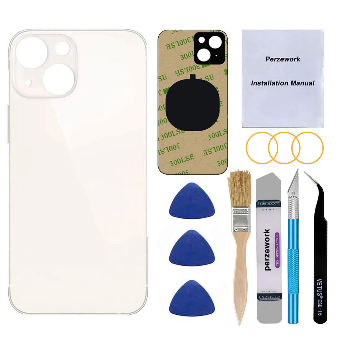 OEM Rear Back Glass Replacement (White) Compatible with iPhone 13 6.1 inches All Carriers with Pre-Installed Adhesive and Repairing Tool Kits