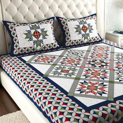 Image of KOUNDAL Rajasthani Jaipuri Sanganeri Printed 144 TC 100% Cotton Bed Sheet Set for Double Bed,Floral Print, Double Bedsheet Cotton with 2 Pillow Covers (Blue, King)