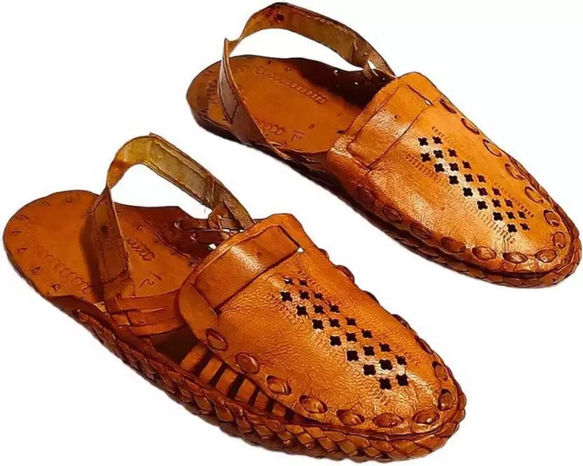 QADUMI Men Royal & Traditional Style Leather Ethnic Brown Kolhapuri Chappals/Sandals/Mojaris Brown Tan-picture-16