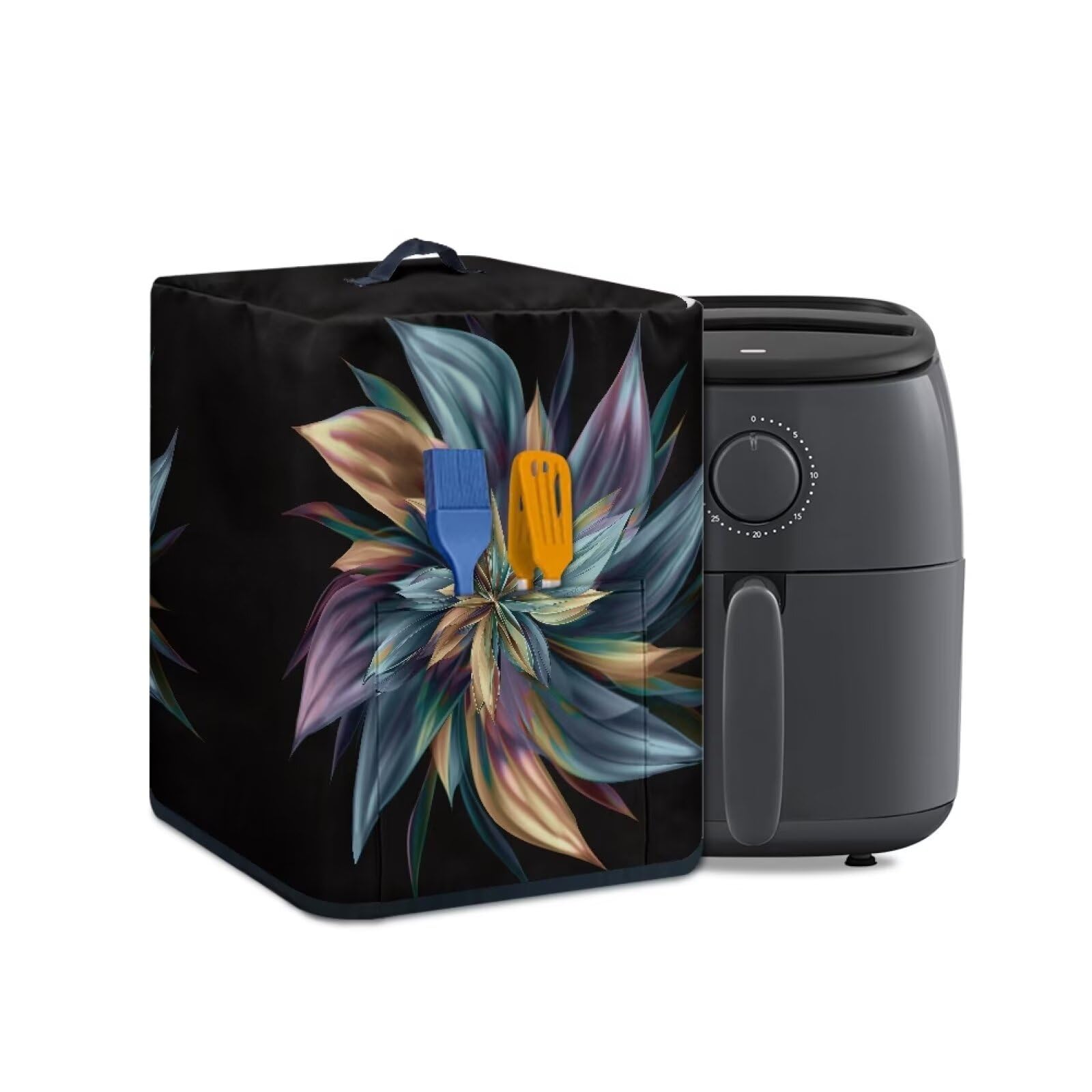 NETILGEN Air Fryer Cover Dust Cover Dust Protection Insulated Kitchen Appliance Cover with Top Handle and Accessories Pockets Gift for Women, Flower Brown Blue