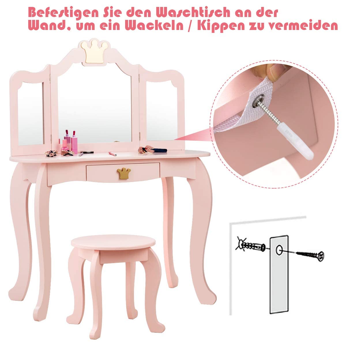 COSTWAY Kinder Schminktisch mit Hocker und Abnehmbarer Spiegel, Mädchen Frisiertisch Holz, Kindertisch mit Schublade, Spiegeltisch 80x42x105cm (Rosa)