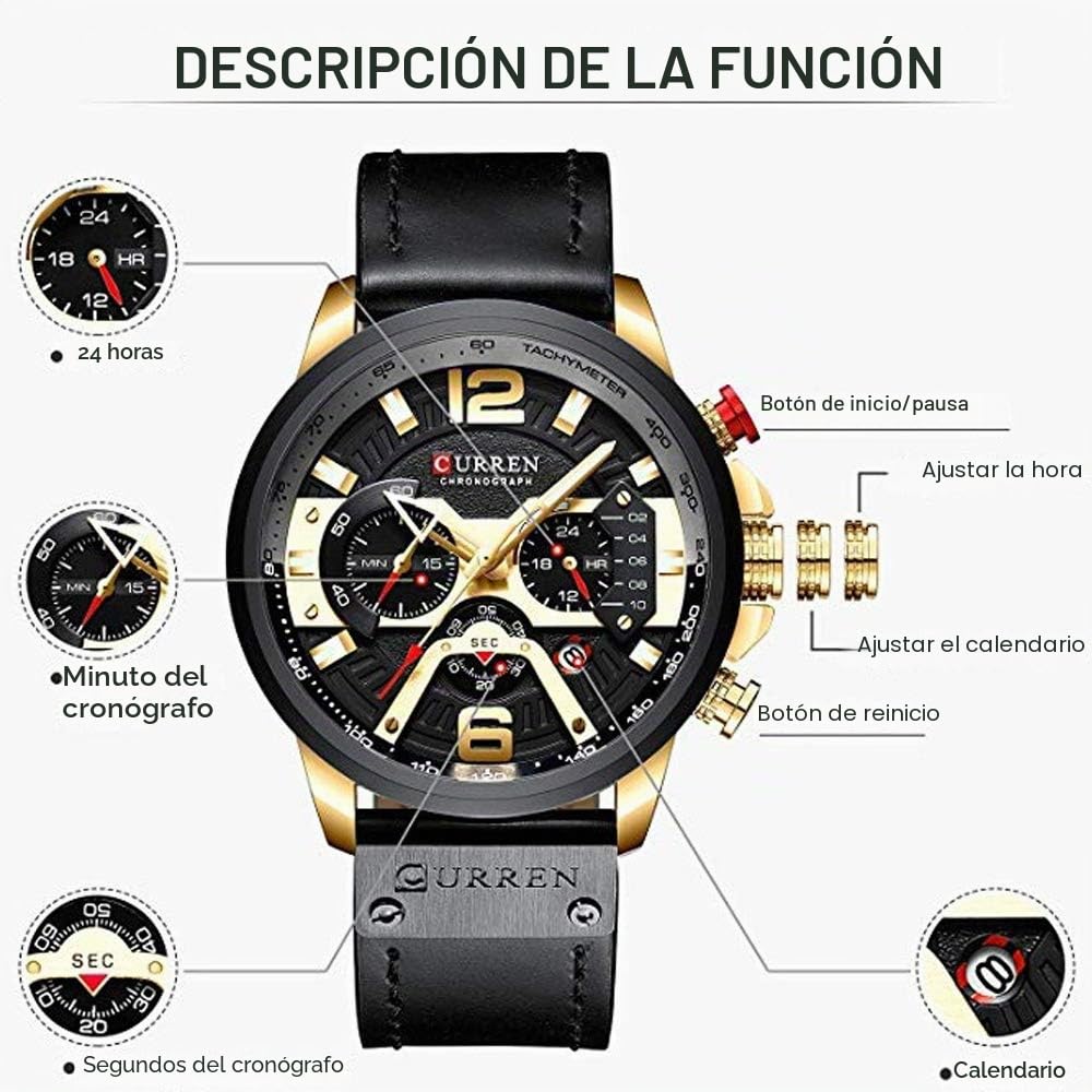 CURREN Relojes para hombre, reloj cronógrafo de cuero de cuarzo y pulsera de moda, relojes analógicos para hombre, reloj de pulsera de lujo, regalo para papá y novio, Oro, Reloj de cuarzo, cronógrafo