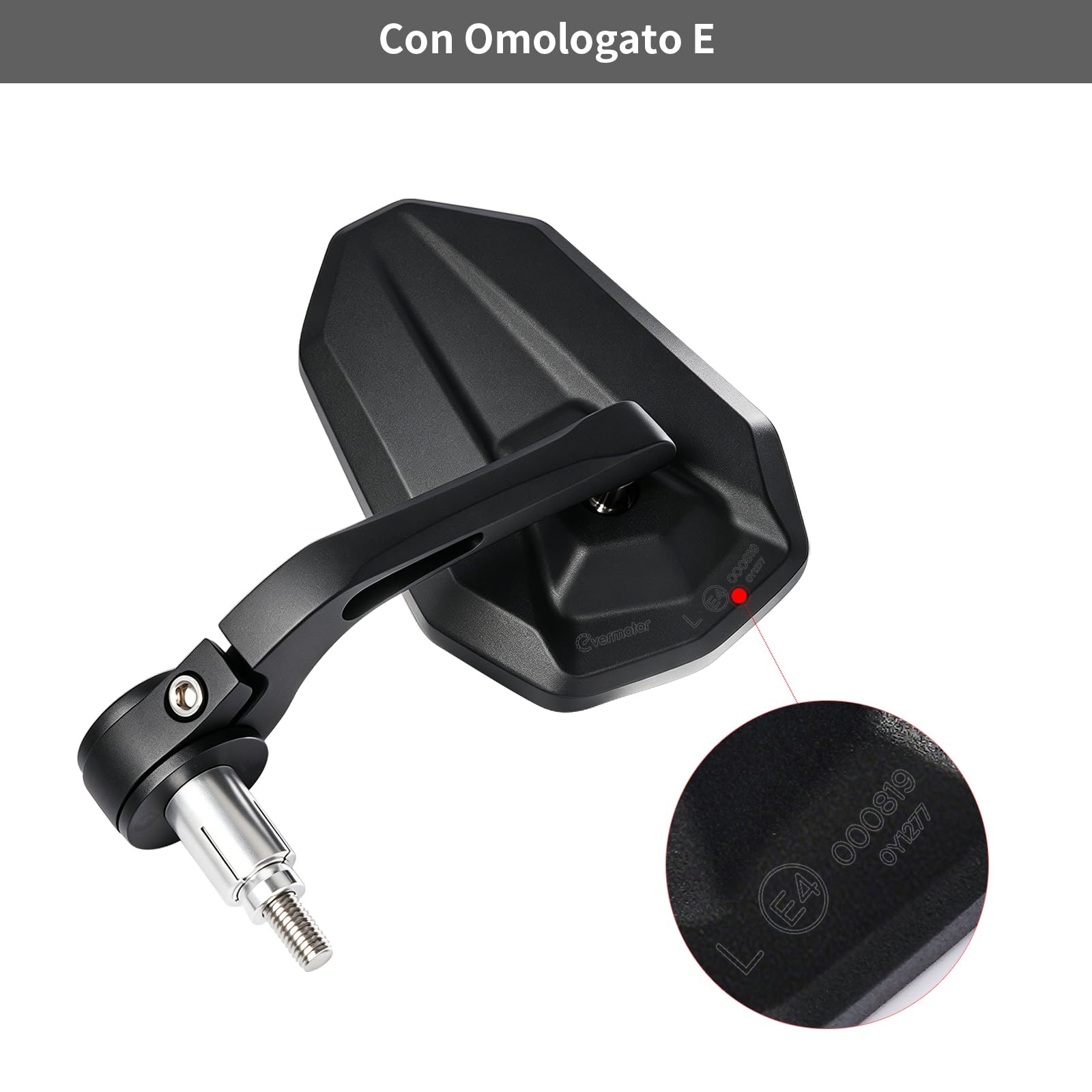 evermotor Specchietti Moto Omologati E, 360° Regolabili, Compatibili con Foro M8 e Manubri Ø 13–15 mm e 17–19 mm, Coppia, Alluminio, Nero Opaco