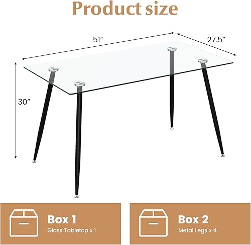 Miniatura 10 de Moccha - Mesa de comedor de cristal de 51 pulgadas, mesa rectangular moderna con amplia mesa de vidrio templado y patas de metal de grano de madera,
