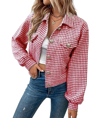 chouyatou Women's Vintage Houndstooth Plaid Button Down Tweed Cropped Shacket Jacket Wool Coat