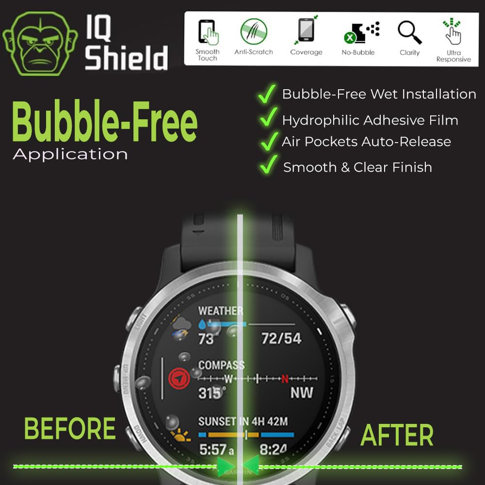 IQShield Lot de 6 films de protection d'écran pour Garmin Fenix 6S / 6S Pro/Fenix 6S Sapphire/Fenix 6S Pro Solar, facile à installer, anti-rayures, anti-bulles, film TPU transparent
