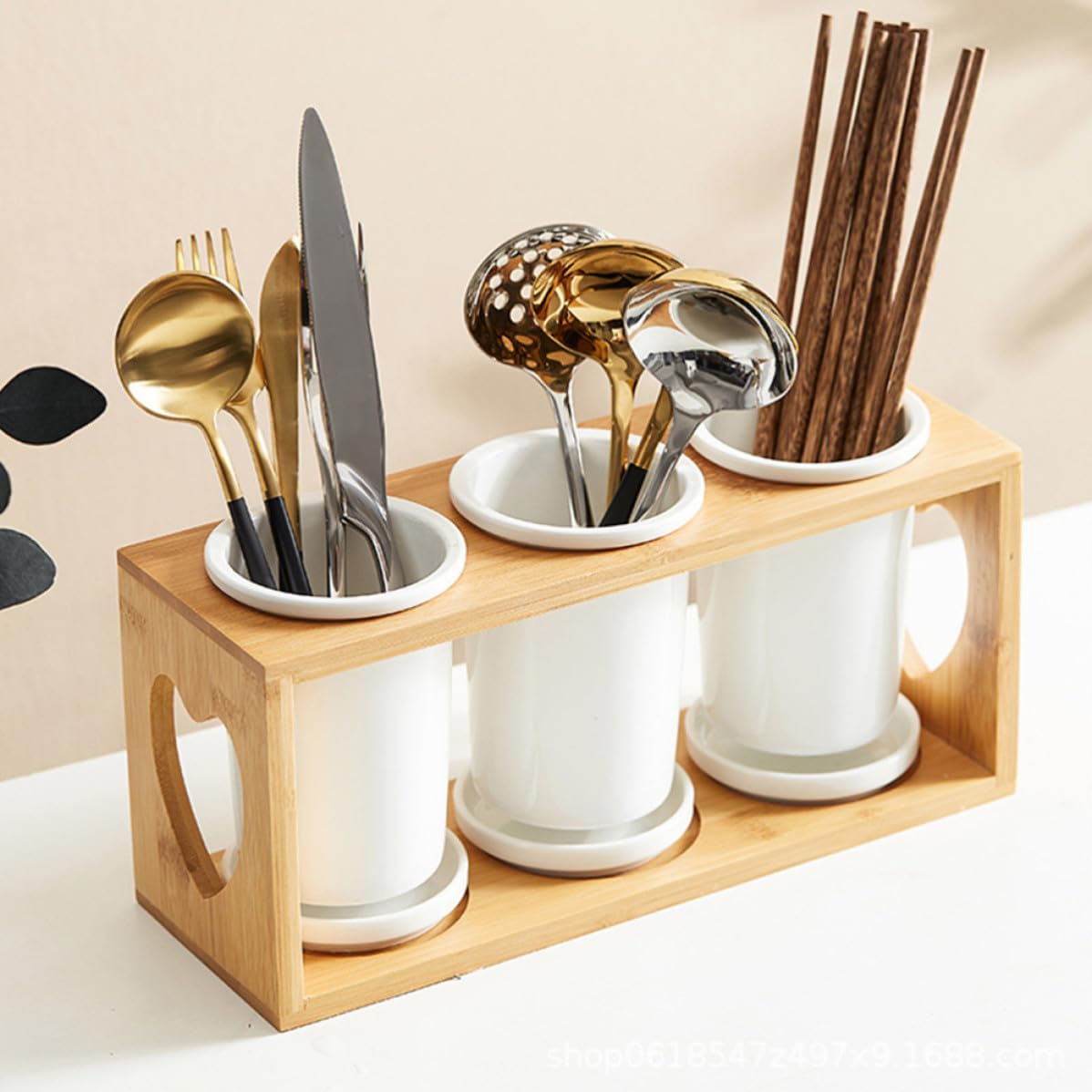 Organisateur de Baguettes en Céramique Support en Bois, 3 Compartiments Drainage, Porte-ustensiles Cuisine Multifonction pour Garder Sec