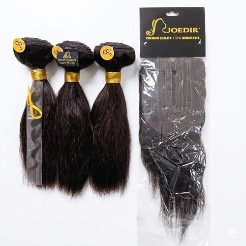 Joedir 12A Grade Black/Brown Straight 100% Brazilian Virgin Human Hair Bundles with Closure Soft & Shiny Hair Extension 8Inch x3pcs in One Pack Deal for Women (#Y2)