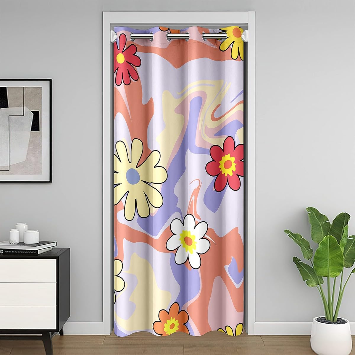 Homemissing Retro Hippie Flower Door Curtain for Privacy 106x203cm Vintage Abstract Room Divider Curtain Geometric 60S 70S Groovy Floral 30%-50% Room Blackout Curtain Purple Window Treatment