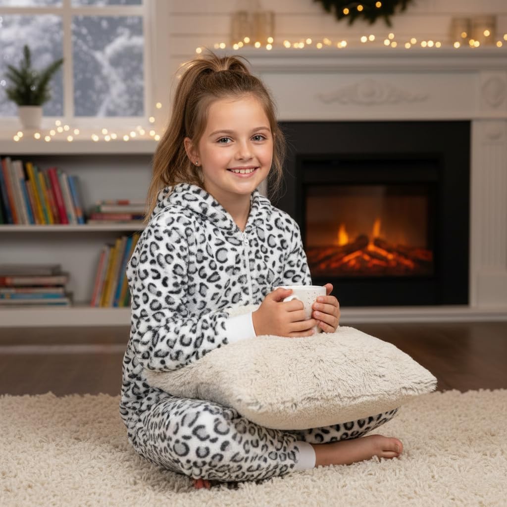A2Z 4 Kids Jungen Mädchen Weich Flauschig Leopard Rosa Grau Onesie Einteiler Weihnachts Overall Alter 2-13