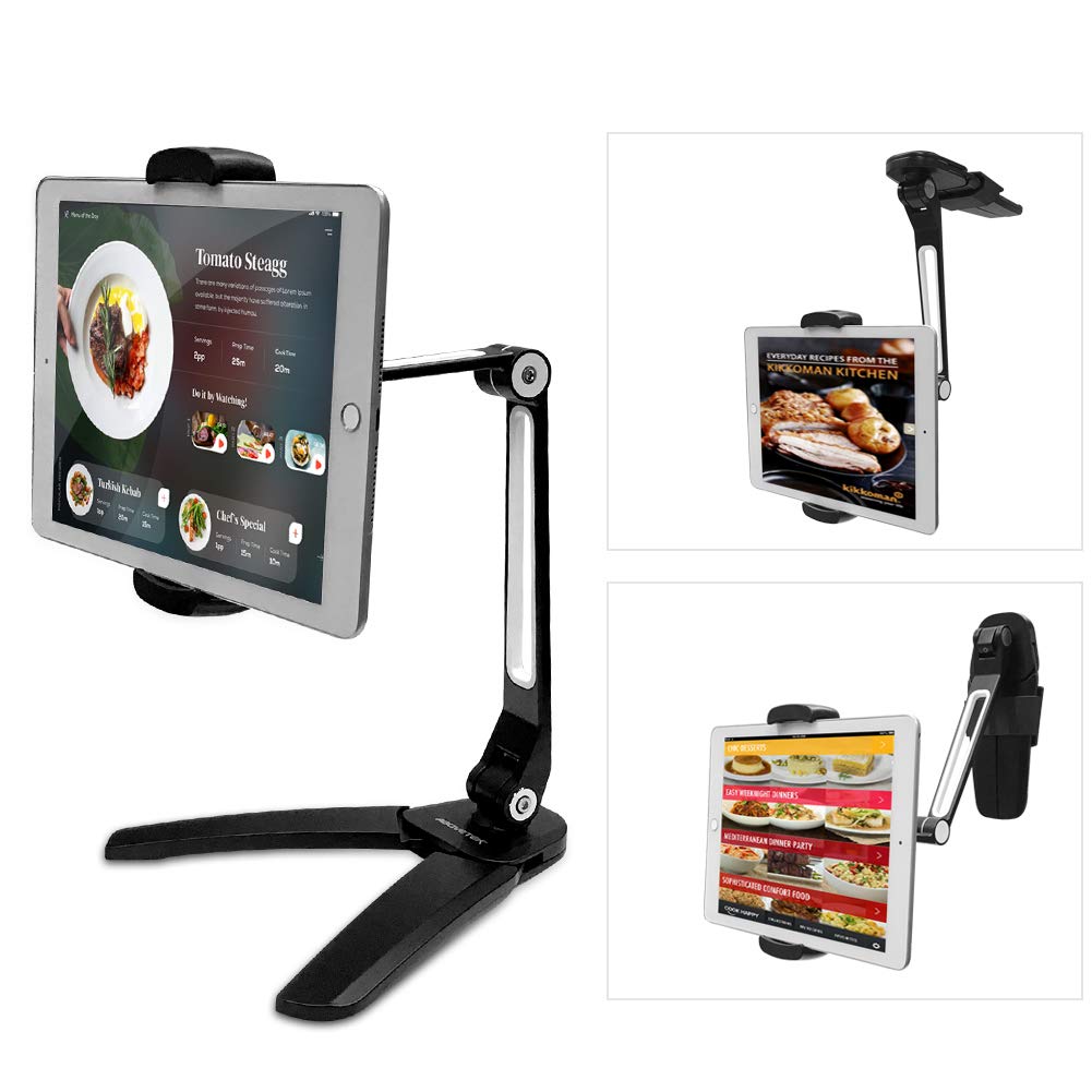 AboveTEK Tablet Mount - Wall & Table Mount, Height Adjustable & 360° Rotatable, Tablet Stand Compatible with Cell Phone, iPad, Kindle, Bed, Kitchen, Wall (4.7-13.5 inches) - Black