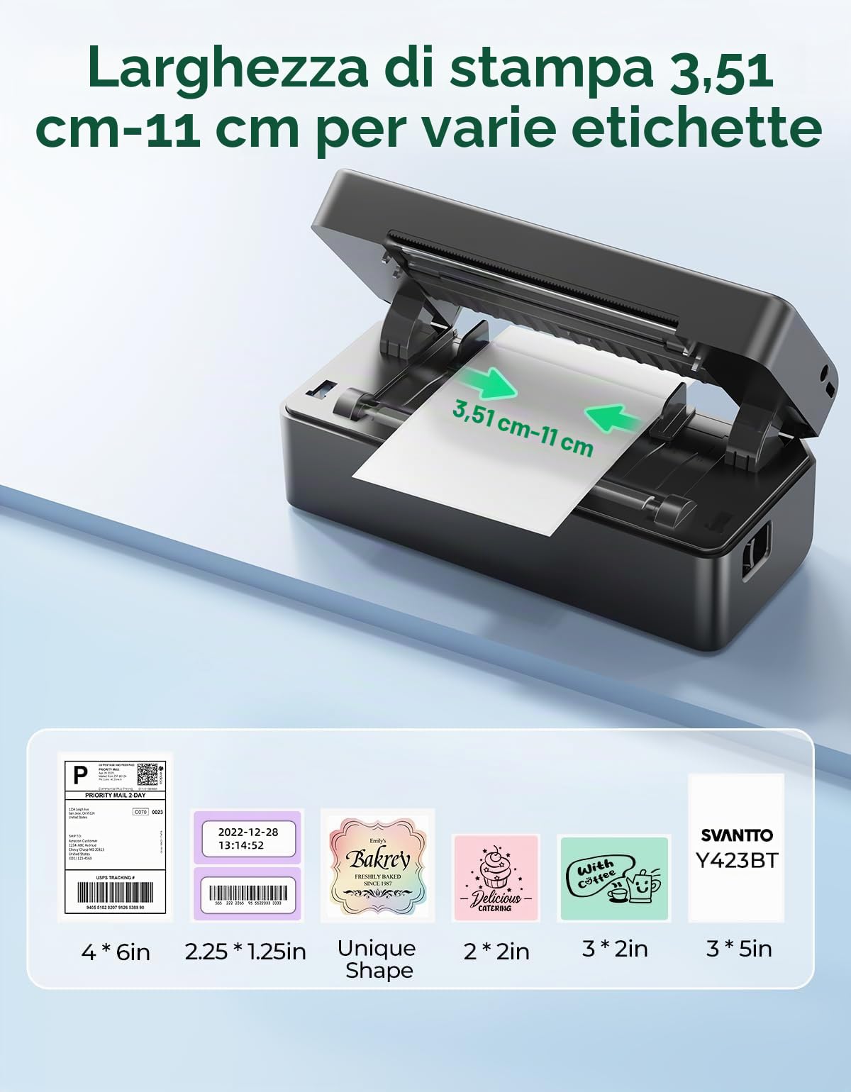 SVANTTO Stampante etichette spedizione Bluetooth 10x15cm, compatibile con e Bay, Etsy, Shopify, Compatibile con iOS, Android, macOS e Windows, Offre un’ampia libreria di etichette personalizzabili