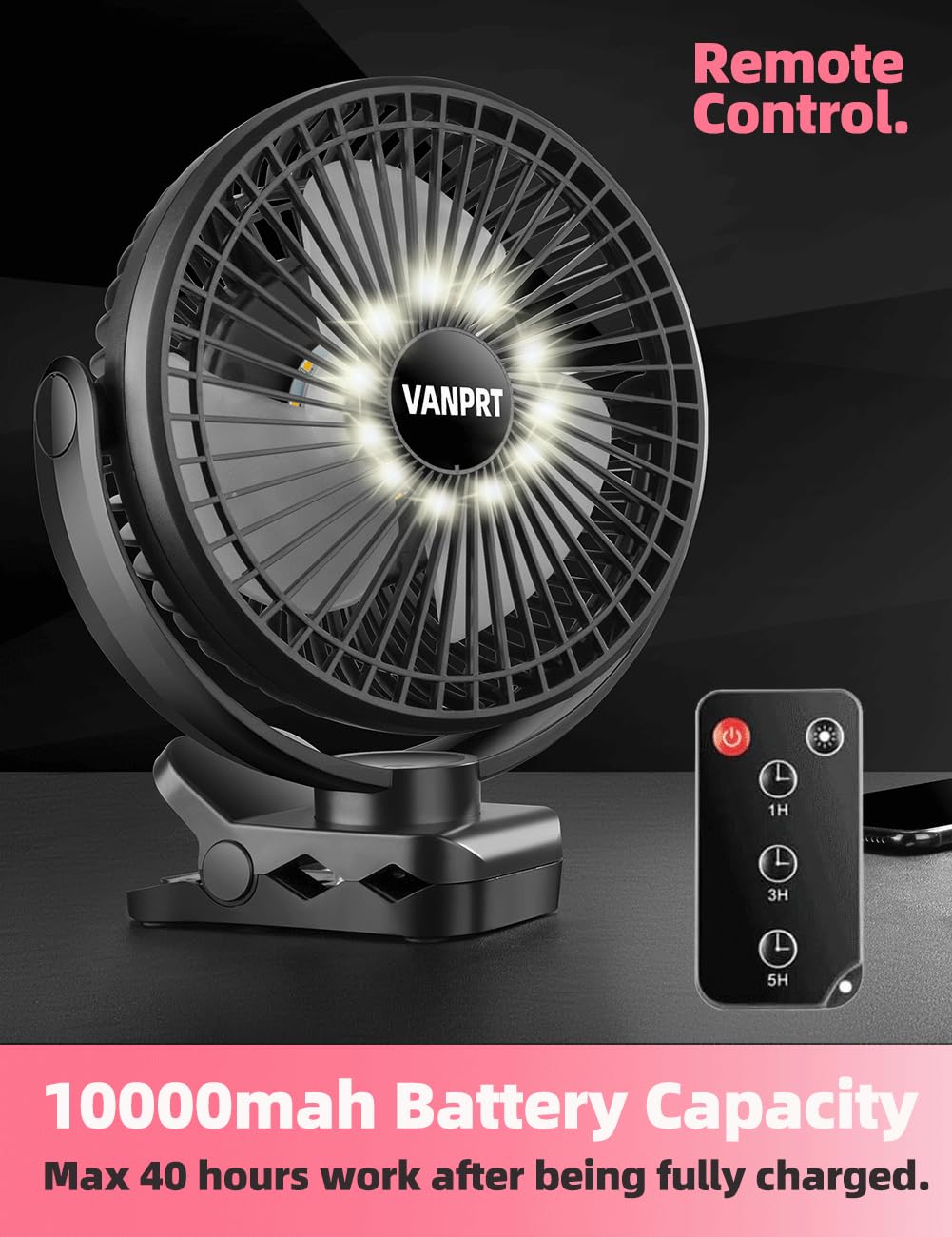 Ventola ricaricabile con clip da 20,3 cm, con telecomando, 10000 mAh, ventilatore portatile da campeggio, 3 velocità, max 40 ore di funzionamento, con luce LED e timer, rotazione di 720°,