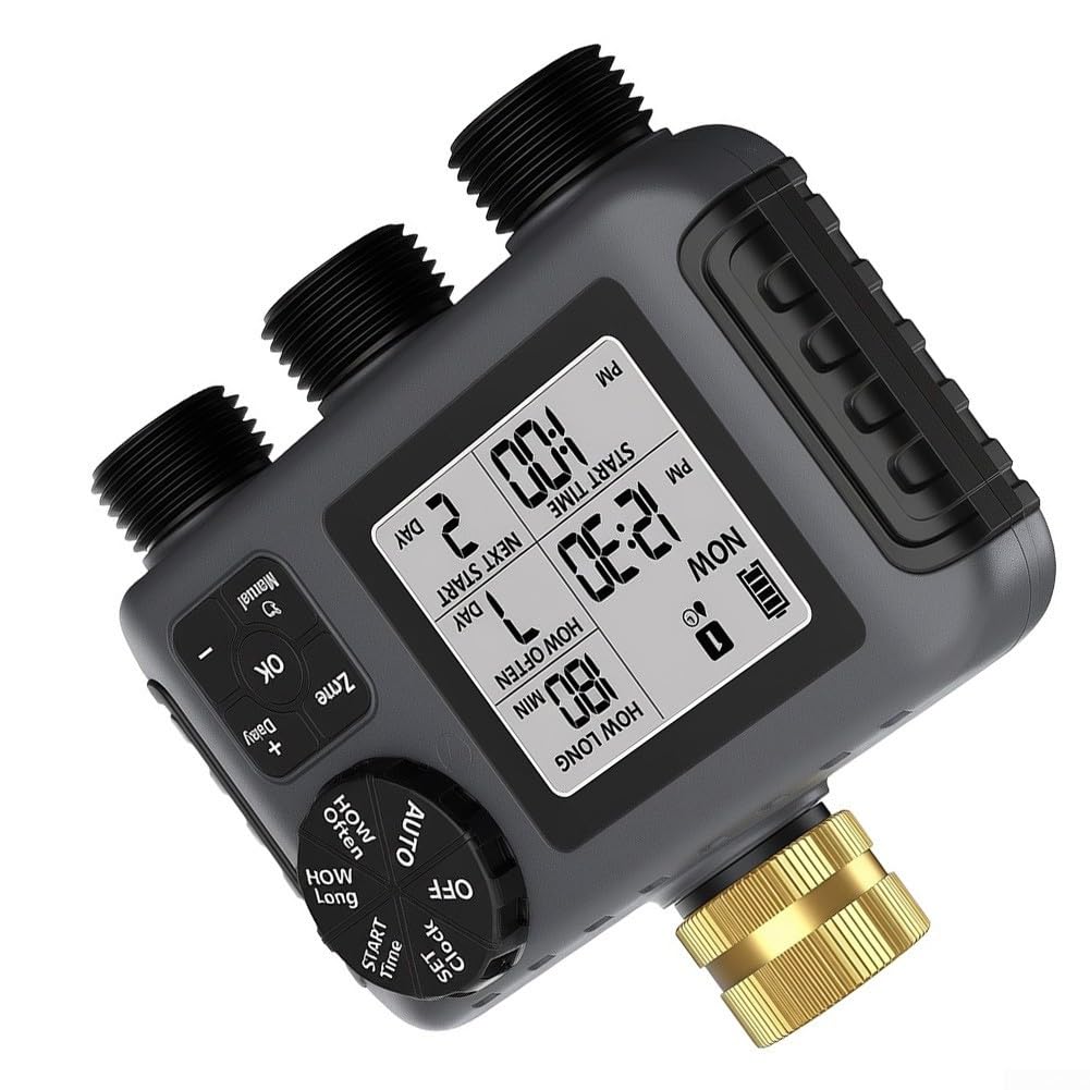 Minhe Timer intelligente per l'acqua a 3 uscite, struttura in ottone, regolatore automatico di irrigazione modalità ritardo pioggia display LCD trasparente per irrigazione giardino prato grigio