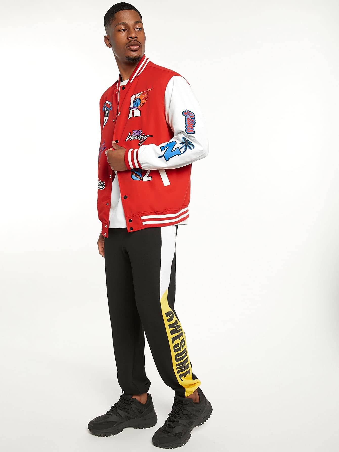 Men Jackets Men 1pc Basketball & Letter Graphic Two Tone Varsity