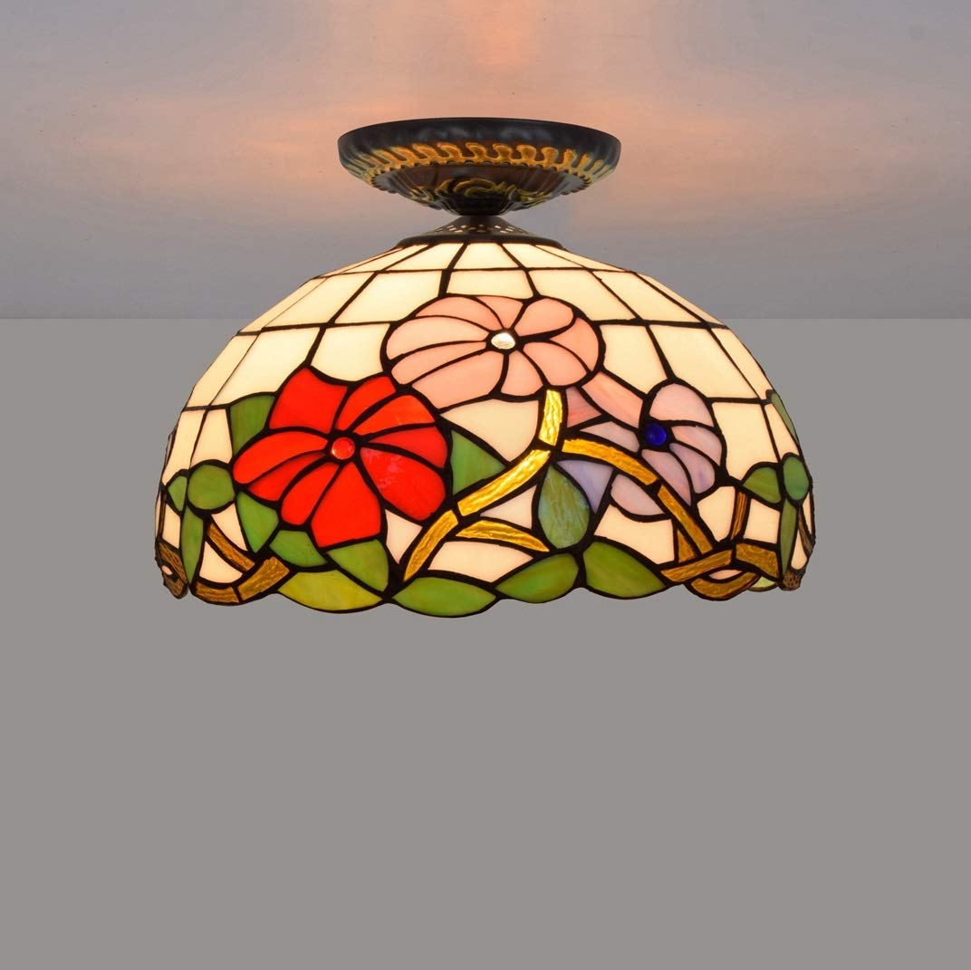 Oświetlenie Sufitowe Z Witrażem 12" Lampy Sufitowe W Stylu Tiffany, Klosz Ze Szkła Morning Glory Do Salonu