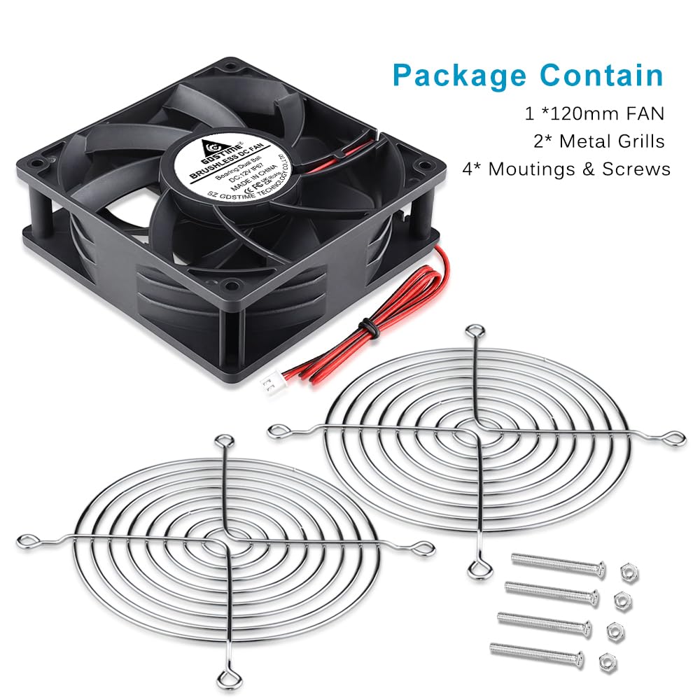 GDSTIME Ventilateur CC 12V 120 mm IP67 120 x 38 mm Ventilateur sans balais Refroidissement à double roulement à billes 3000 tr/min Grand flux d'air Ventilateur de boîtier de 12 cm