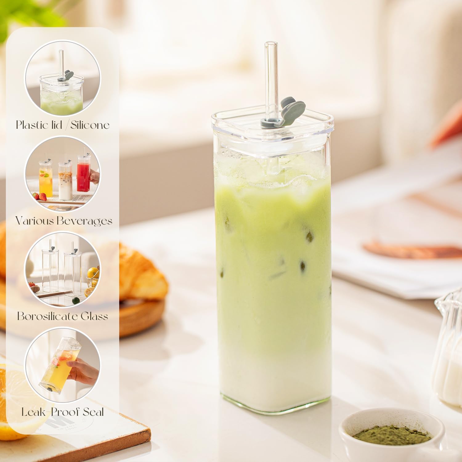 6 Sets Square Drinking Glass Cups, Old Fashioned Glasses, 17 Oz Square Glasses, Clear Highball Modern Glassware Tumbler Mixed Drinkware with Straws for Cocktail Coffee Juice Beer (Square-6PCS) - Image 4