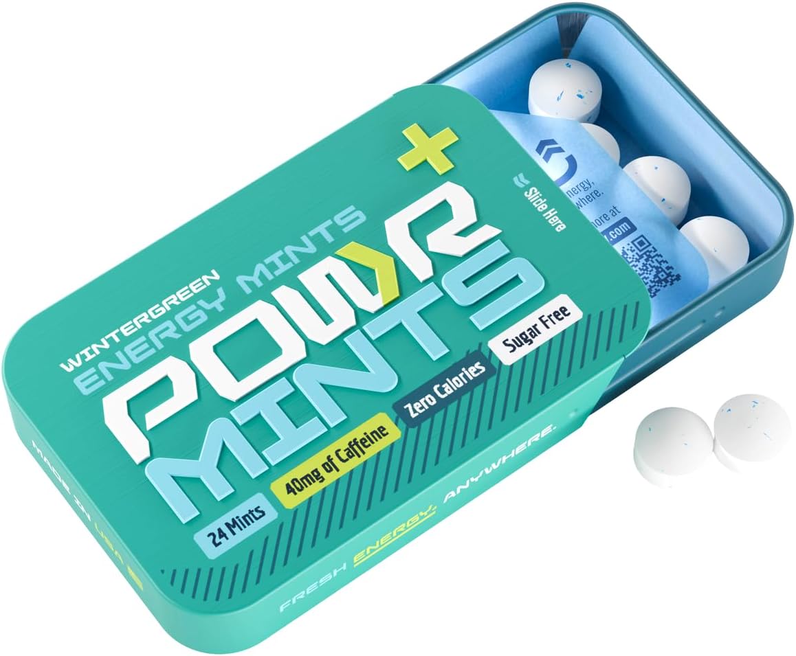 POWR Energy Mints, Wintergreen Flavor - 24 Mints, 40mg Caffeine per Mint, Sugar Free, Zero Calories, No Aspartame - Pocket Energy for Pre-Workout, Cycling, Running, Endurance - Focus & Energy -