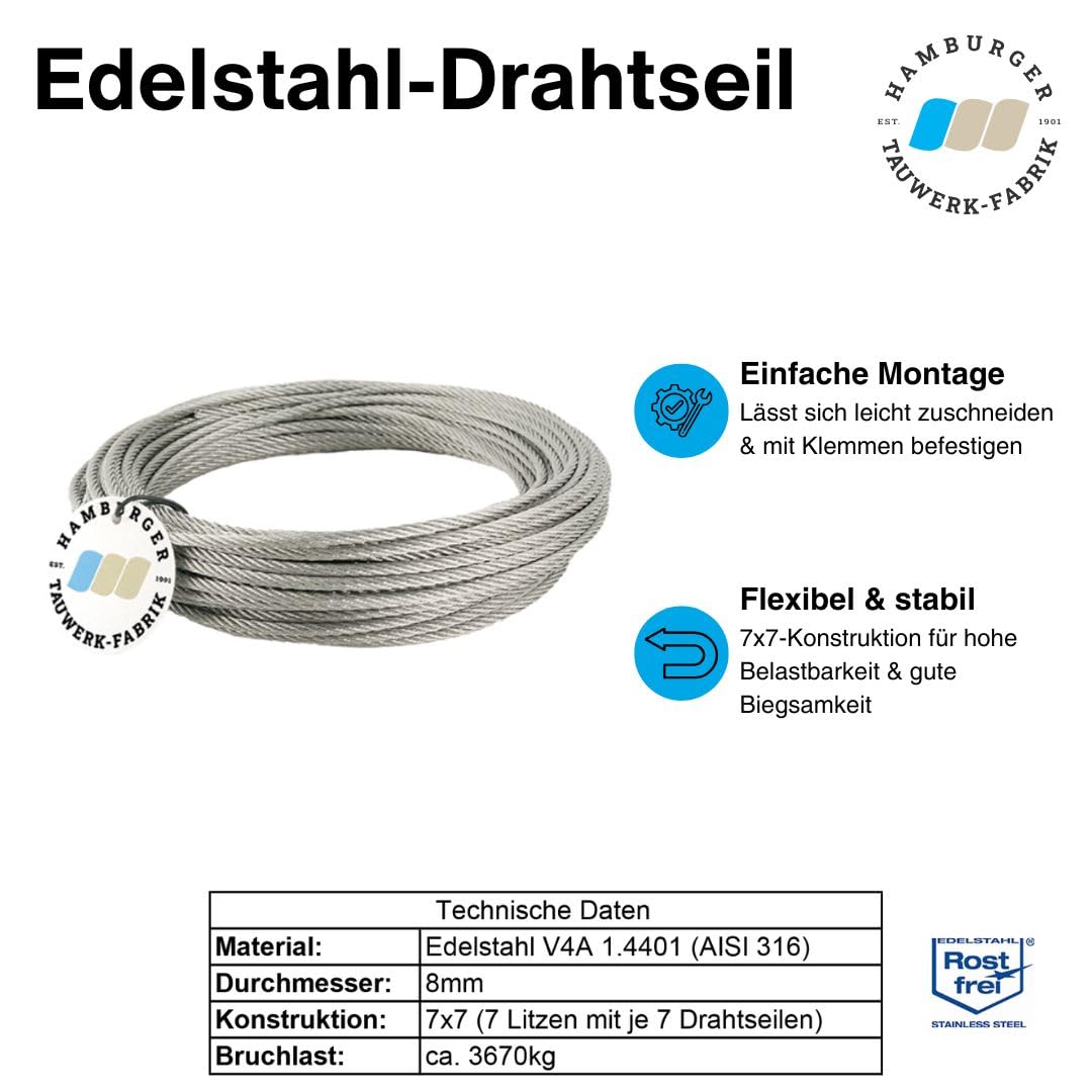 10 Meter - 8mm Edelstahldrahtseil 7x7 V4A Inox rostfrei Drahtseil Stahlseil Geländerseil