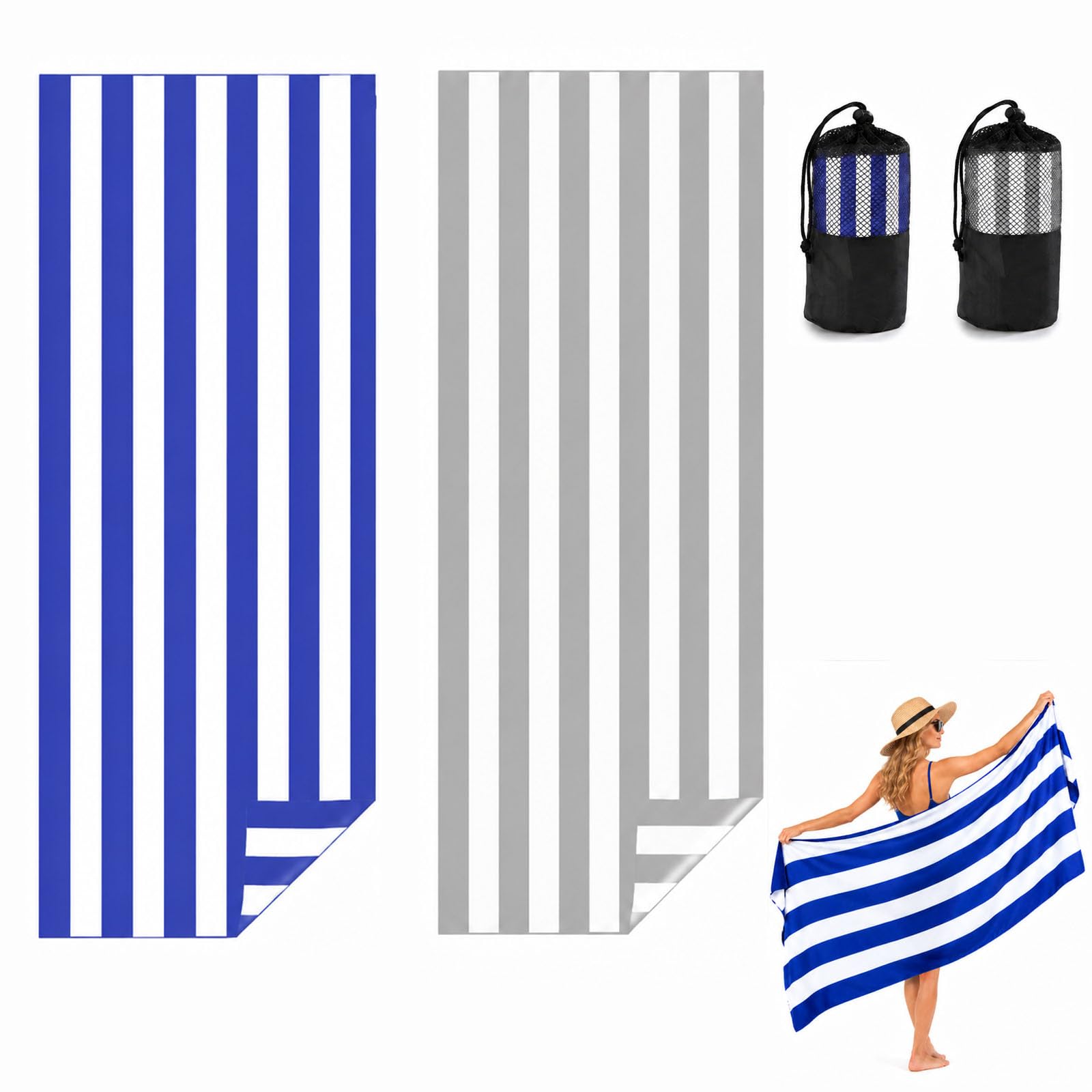 Admygo Microfibre Beach Towels for Adults - 2 Pack 180 x 90 cm Extra Large Beach Towels with Drawstring Bags, Quick Dry Lightweight Sand Free Towel for Swim, Travel, Gym (Stripe Dark Blue & Grey)