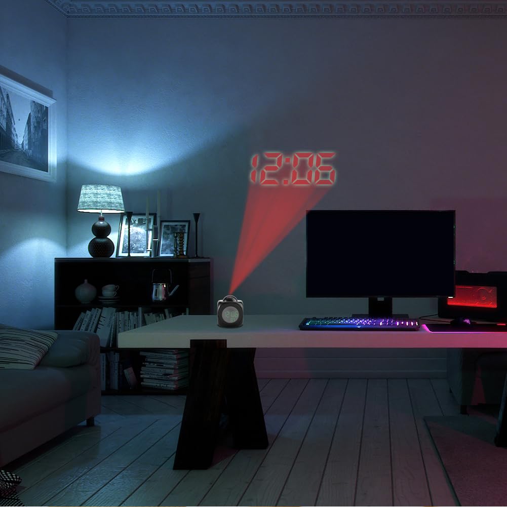 Sveglia con Proiettore Soffitto,Display Temperatura Digitale LED Orologio da Tavolo Schermo Grande Allarme con Proiettore Caricatore USB Temporizzazione Vocale per Camera Letto Ufficio Casa