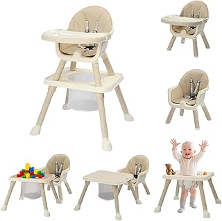 Bonnlo 6-in-1 Convertible Baby High Chair, Adjustable Height with Removable Double Tray & Building Block Table, Multi-Functional Highchair for Toddlers 6-36 Months (Beige)