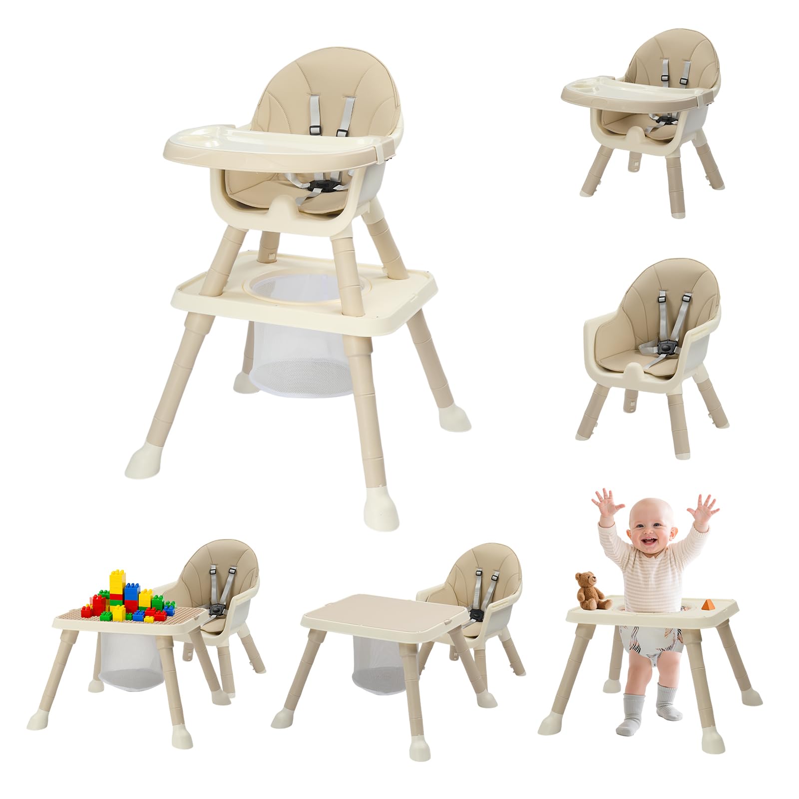 BONNLO Chaise Haute Bébé Évolutive, Confort Rembourré, avec Plateau Double, 6 mois à 3 ans, 6 à 15 kg, pliage ultra compact, légère(4,9kg) (Beige)