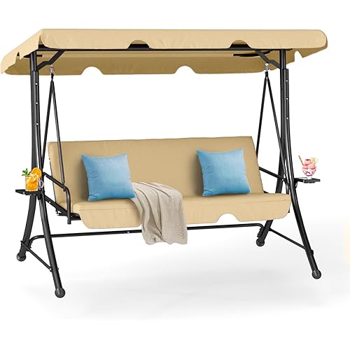 GRAVFORCE 2-in-1 Outdoor Patio Swing 3-Seat Porch Swing with Adjustable Canopy and Removable Cushions, Perfect for Patio, Backyard, Garden (Khaki)