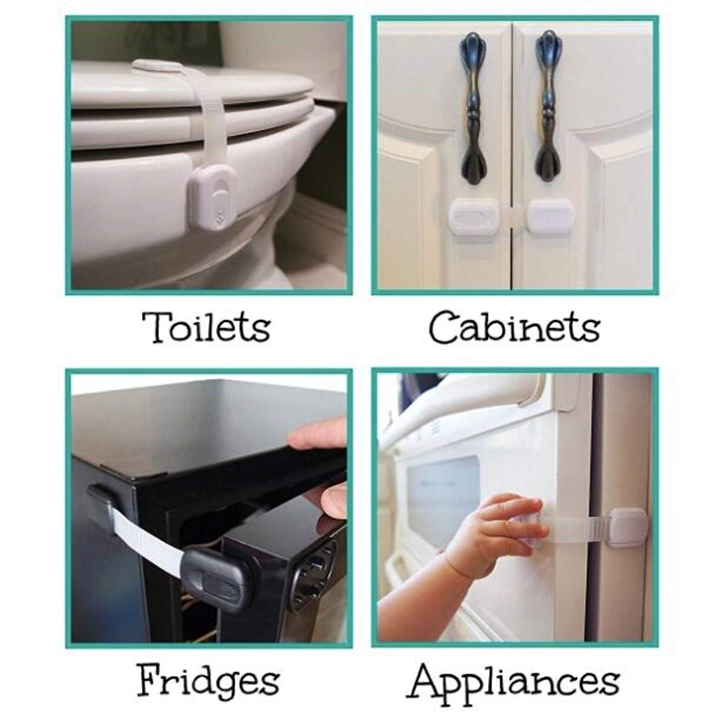 Kit di sicurezza per bambini e animali domestici, 6 chiavistelli robusti e regolabili + 4 serrature per armadi, 4 protezioni angolari e 4 prese elettriche, (bianco, 18)