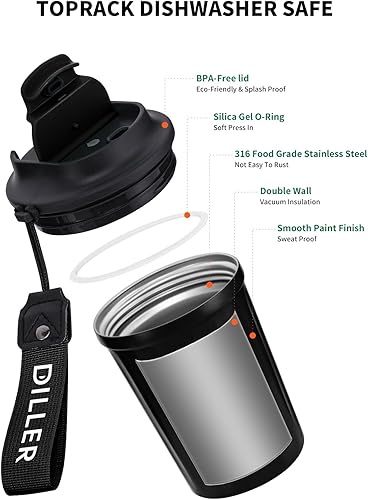 Miniatura 3 de Diller Botella de agua aislada, taza de café aislada al vacío de 12 onzas con tapa, botella de agua térmica portátil de acero inoxidable para